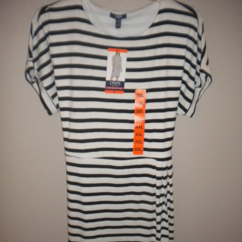 Chaps Women's Plus Size XXL Black White Striped Stretch Short Sleeve Dress NWT - Picture 2 of 5